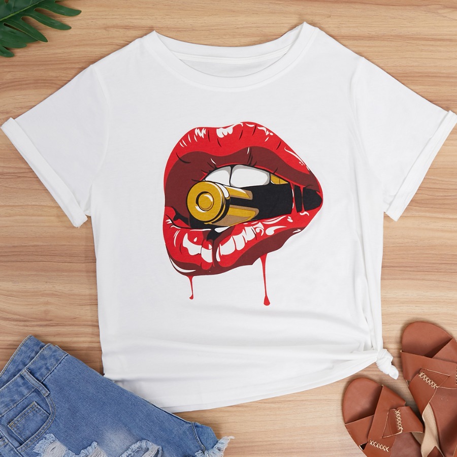 

Lovely Street O Neck Lip Print White Plus Size T-shirt