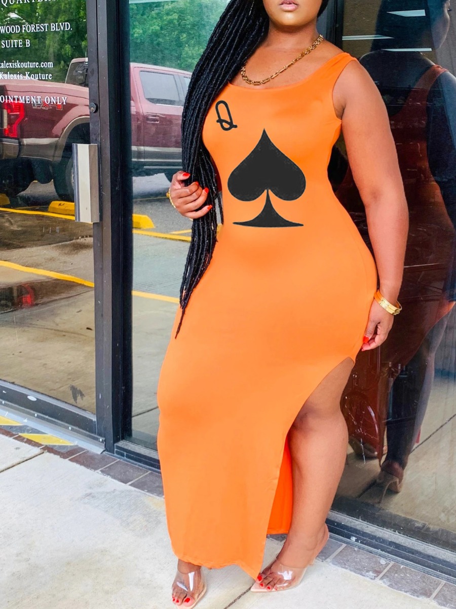 

lovely Casual U Neck Print Side High Slit Orange Ankle Length Dress