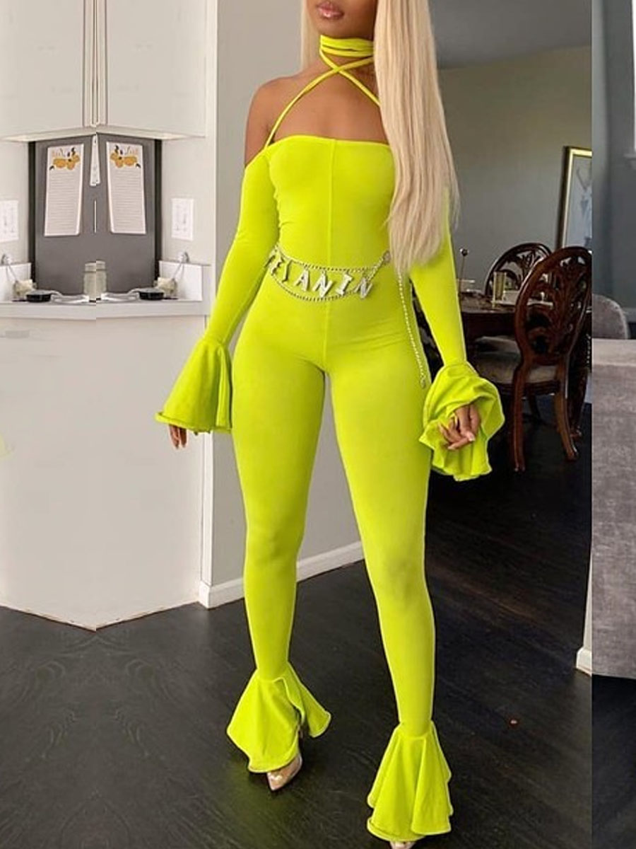

lovely Sexy Backless Bandage Design Yellow One-piece Jumpsuit