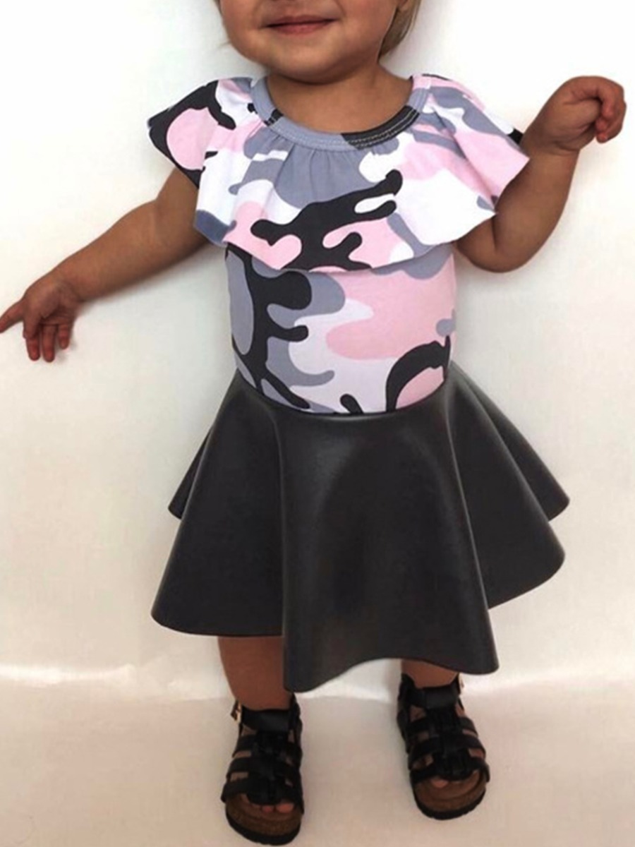

lovely Casual O Neck Camo Print Girl Two-piece Skirt Set