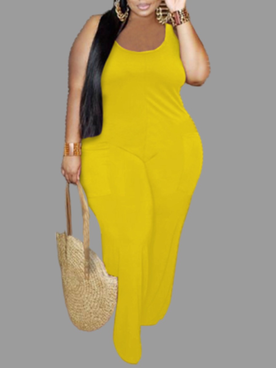 

lovely Trendy Spaghetti Strap Basic Yellow Plus Size One-piece Jumpsuit