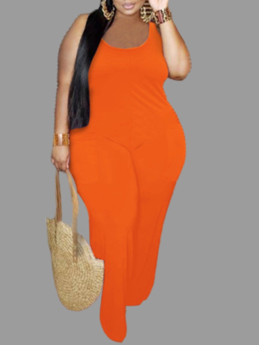

lovely Trendy Spaghetti Strap Basic Orange Plus Size One-piece Jumpsuit