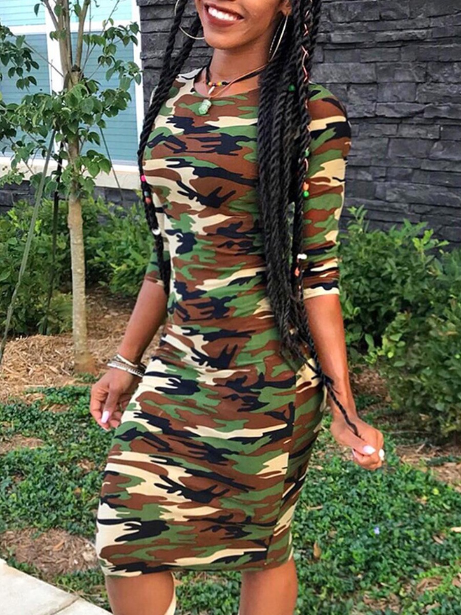 

lovely Street O Neck Camo Print Knee Length Dress