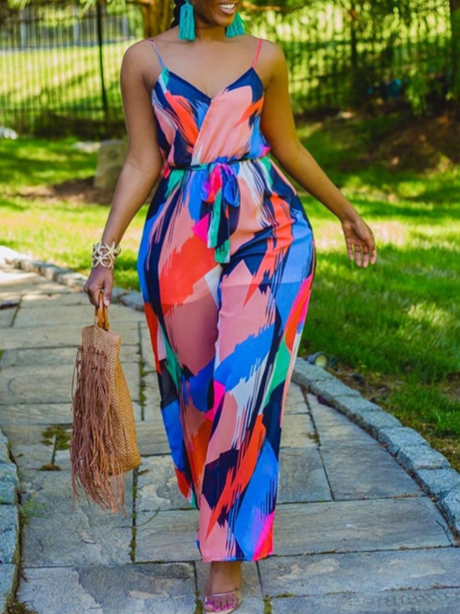 

lovely Trendy Spaghetti Strap Print Multicolor One-piece Jumpsuit, Multi