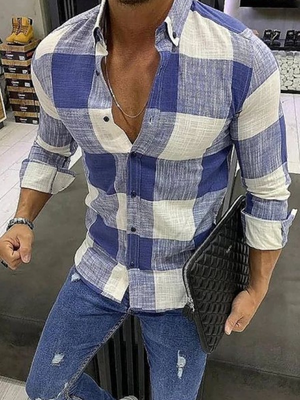 

Men lovely Stylish Turndown Collar Grid Print Blue Shirt