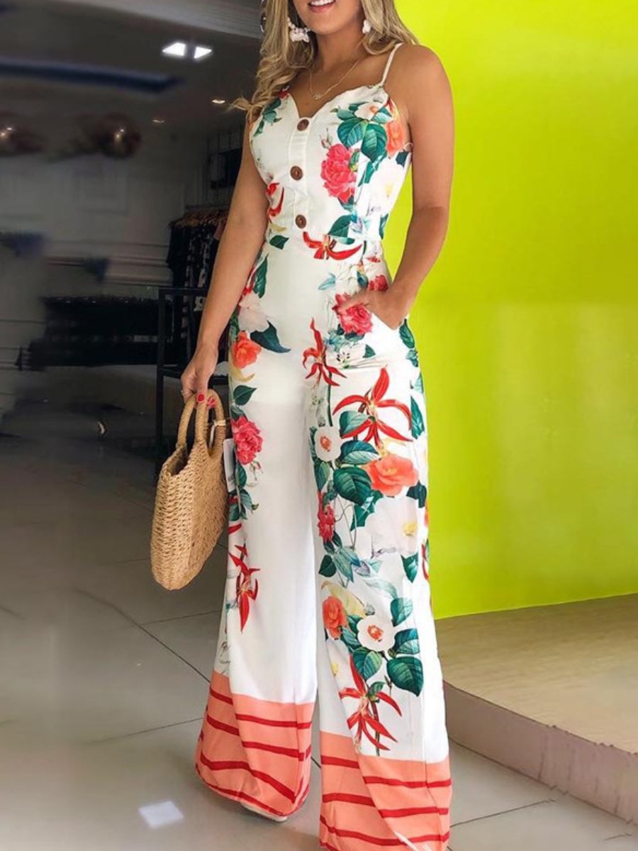 

lovely Stylish Spaghetti Strap Plants Print White One-piece Jumpsuit