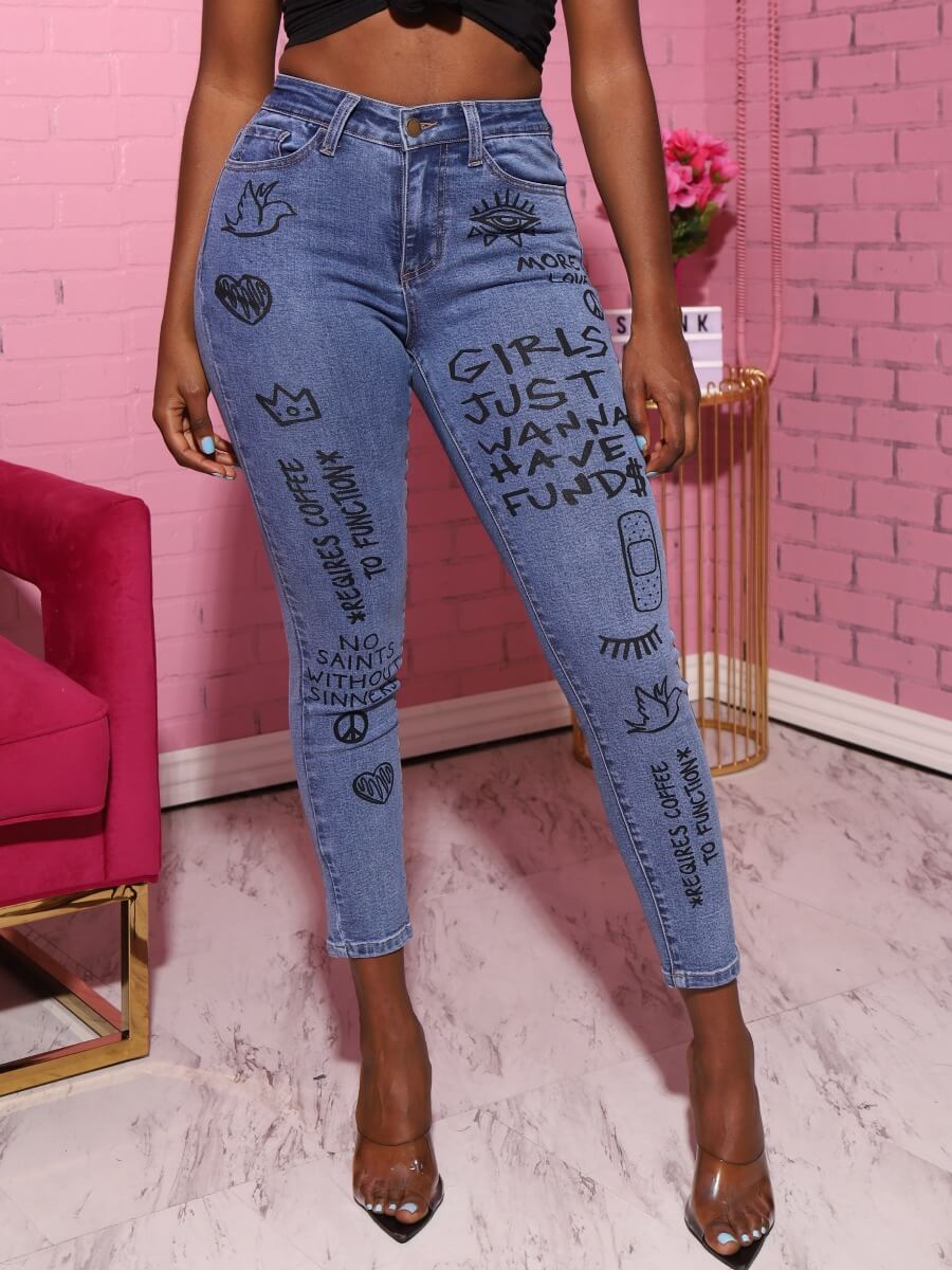 

Lovely Trendy Letter Print Blue Jeans