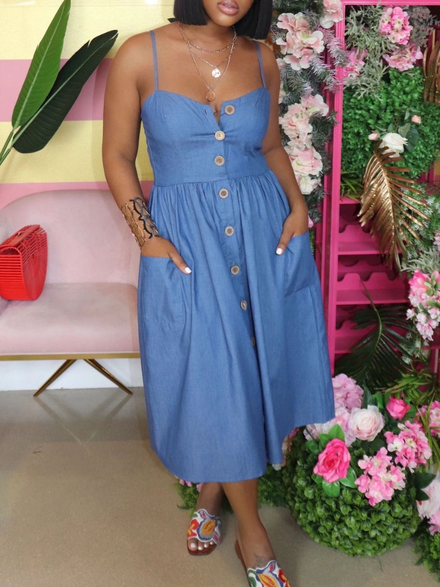 

lovely Sexy Spaghetti Strap Buttons Design Blue Mid Calf Denim Dress