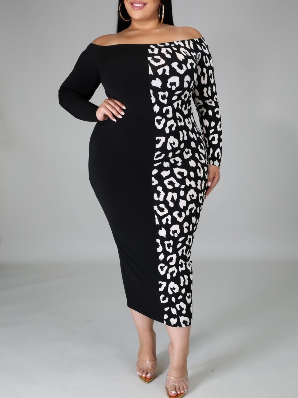 

lovely Trendy Dew Shoulder Print Patchwork Black Ankle Length Plus Size Dress