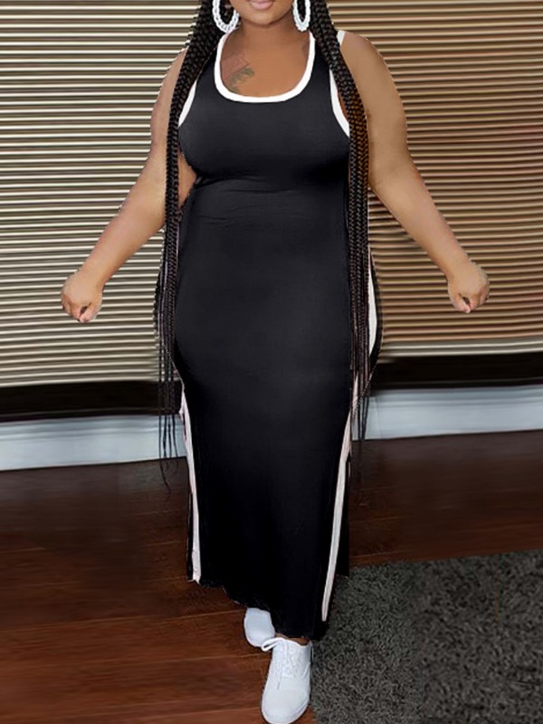 

lovely Sportswear U Neck Patchwork Black Ankle Length Plus Size Dress