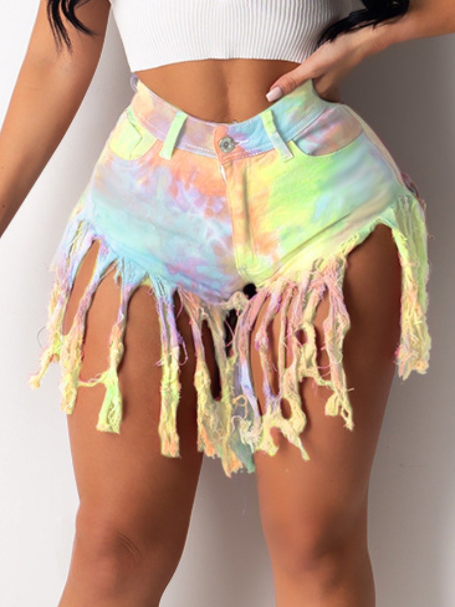 

lovely Street Tie-dye Tassel Design Multicolor Denim Shorts, Multi