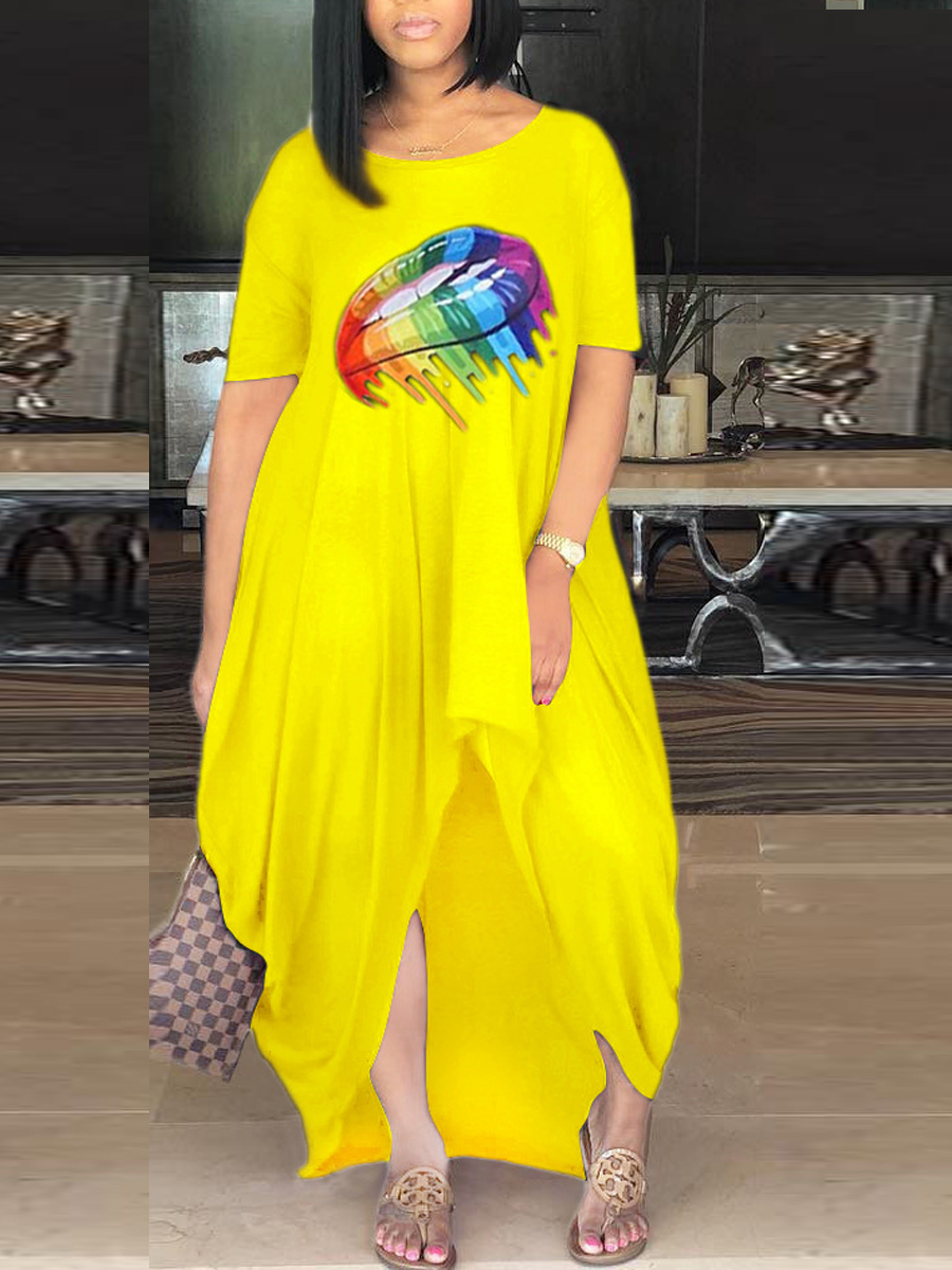 

Lovely Plus Size Casual O Neck Lip Print Yellow Maxi Dress