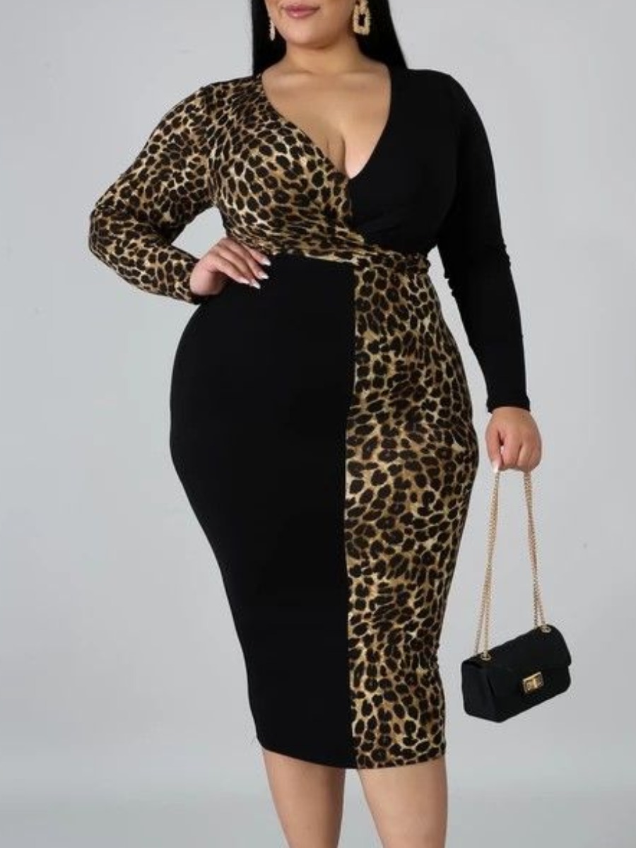 

lovely Trendy V Neck Print Patchwork Brown Mid Calf Dress