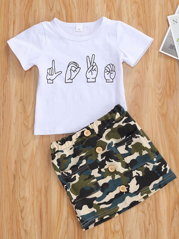 

lovely Casual O Neck Print White Girl Two-piece Skirt Set