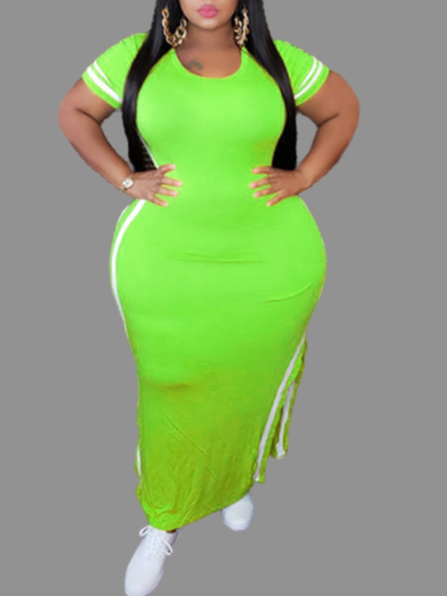 

lovely Casual O Neck Patchwork Green Ankle Length Plus Size Dress