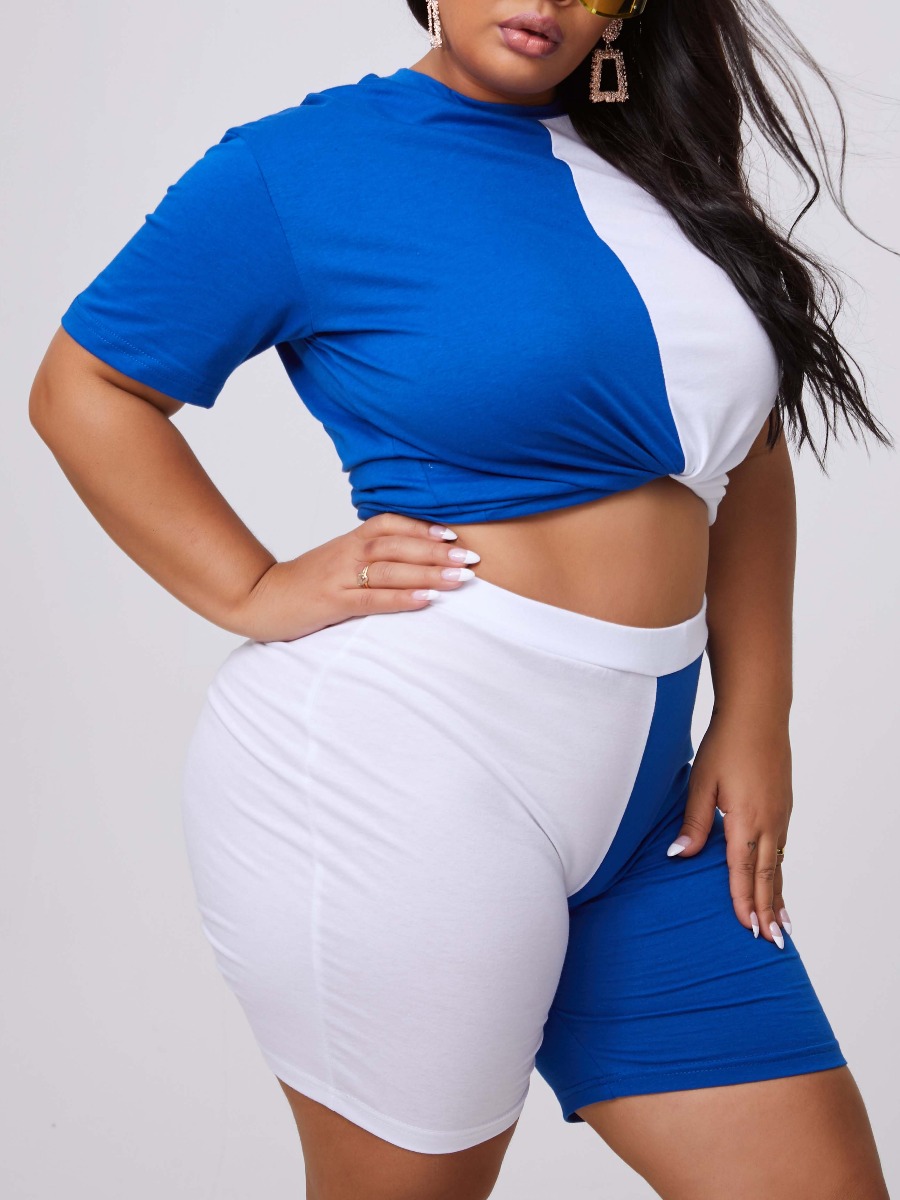 

lovely Sportswear Patchwork White Plus Size Two-piece Shorts Set