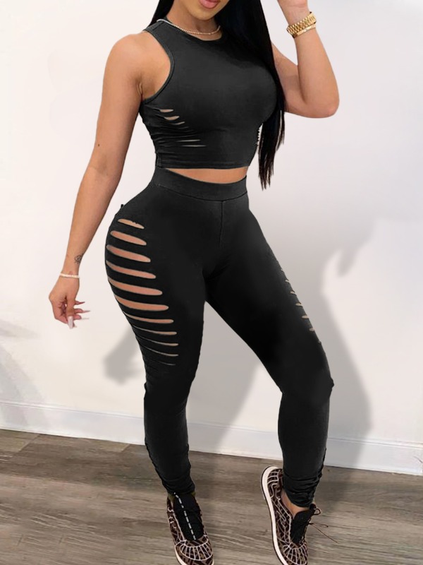 

Lovely Sportswear Tear Hollow-out Black Two Piece Pants Set