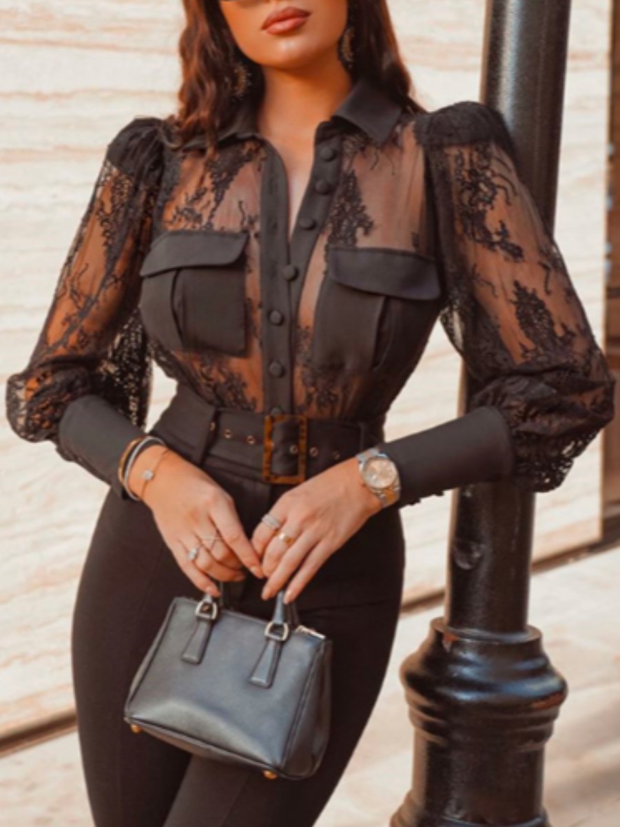 

Lovely Trendy Patchwork See-through Black Blouse