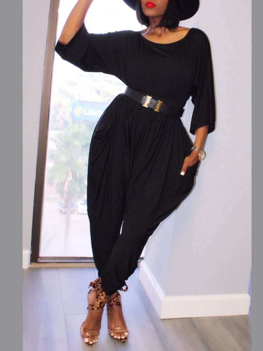 

lovely Leisure O Neck Basic Black One-piece Jumpsuit(Without Belt