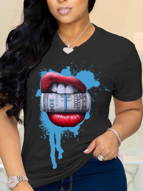 

lovely Casual O Neck Lip Print Black T-shirt