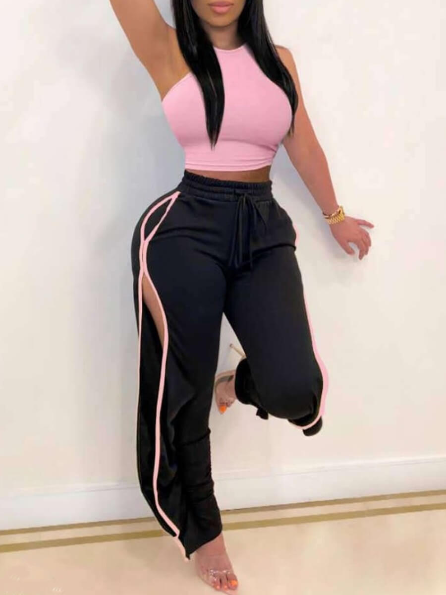

LW Sportswear Patchwork Hollow-out Pink Two Piece Pants Set
