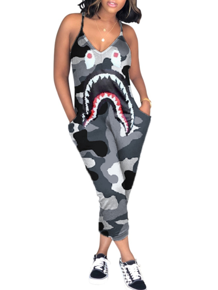 

lovely Casual Spaghetti Strap Print Grey One-piece Jumpsuit