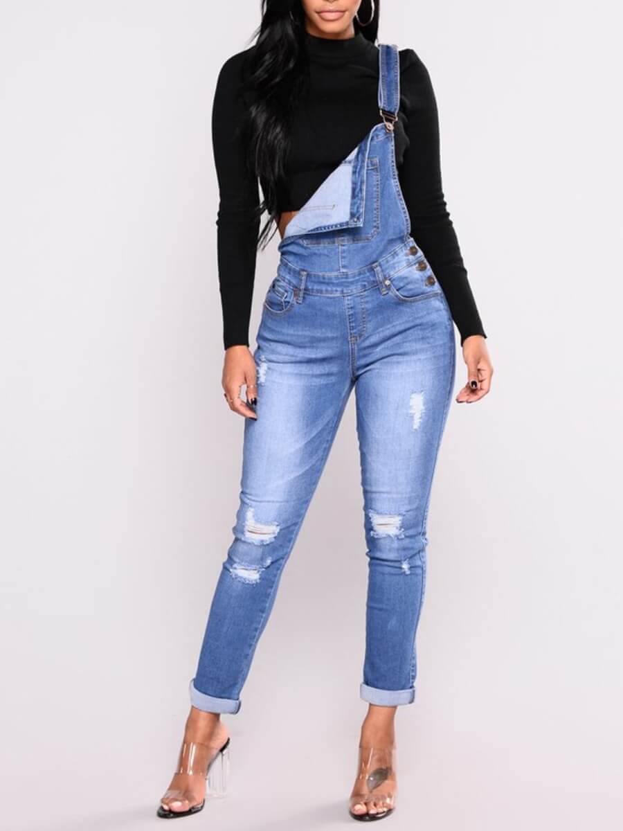 

Lovely Stylish Broken Holes Blue Denim One-piece Jumpsuit