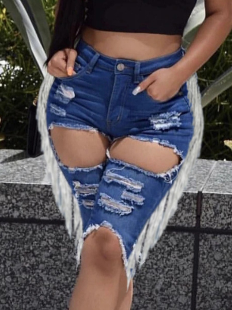 

lovely Street Broken Holes Tassel Design Deep Blue Denim Shorts