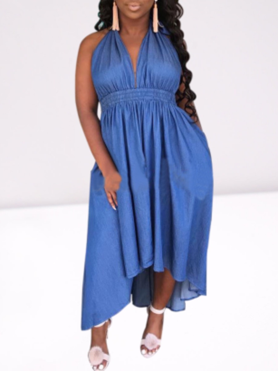 

lovely Stylish Backless Asymmetrical Deep Blue Ankle Length Denim Dresses