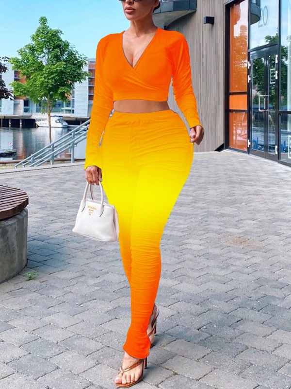 

lovely Casual V Neck Gradient Croci Plus Size Two-piece Pants Set