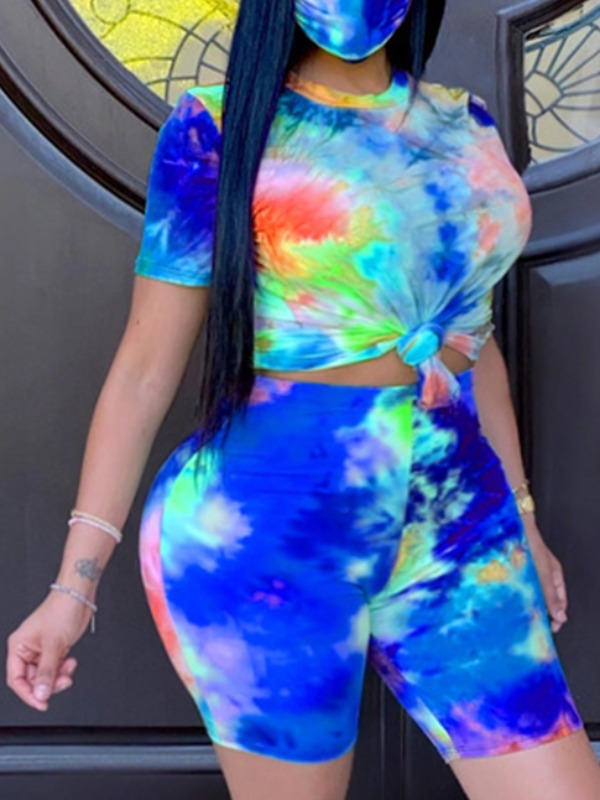 

Lovely Casual O Neck Tie-dye Blue Plus Size Two-piece Shorts Set