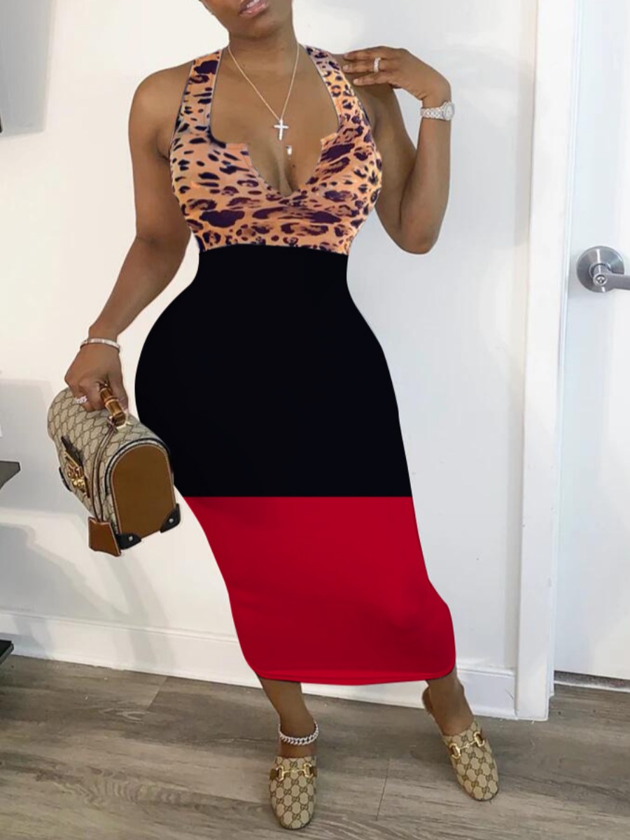 

lovely Sexy Print Patchwork Print Black Mid Calf Dress