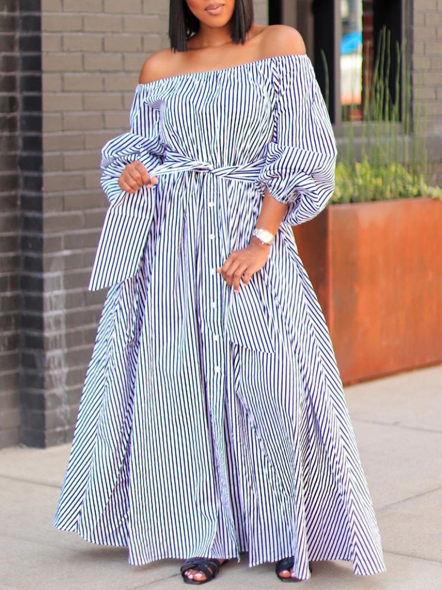 

LW Casual Dew Shoulder Pinstripe Blue Ankle Length Dress, Blue stripe