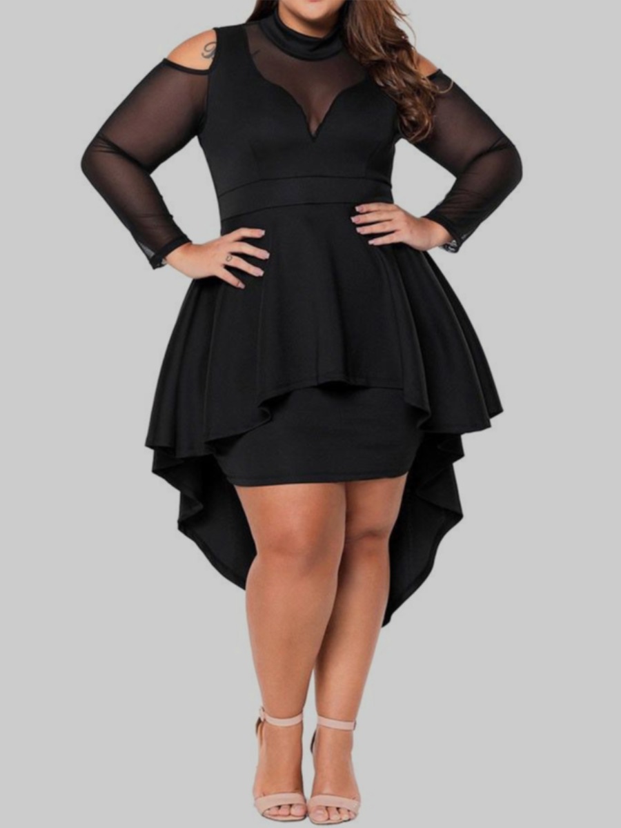 

Lovely Trendy Hollow-out Asymmetrical Black Mid Calf Plus Size Dress