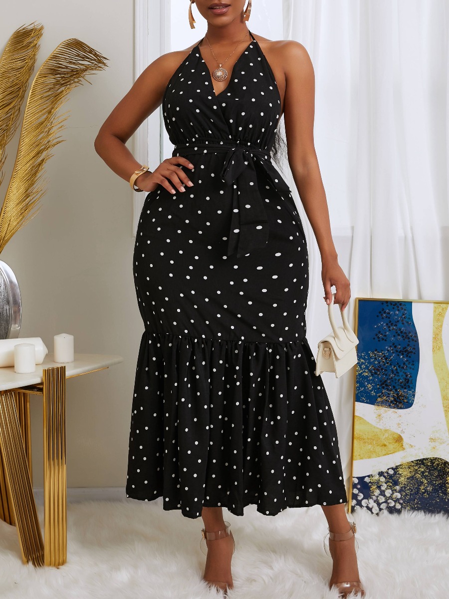 

lovely Stylish Backless Dot Print Black Ankle Length Dress