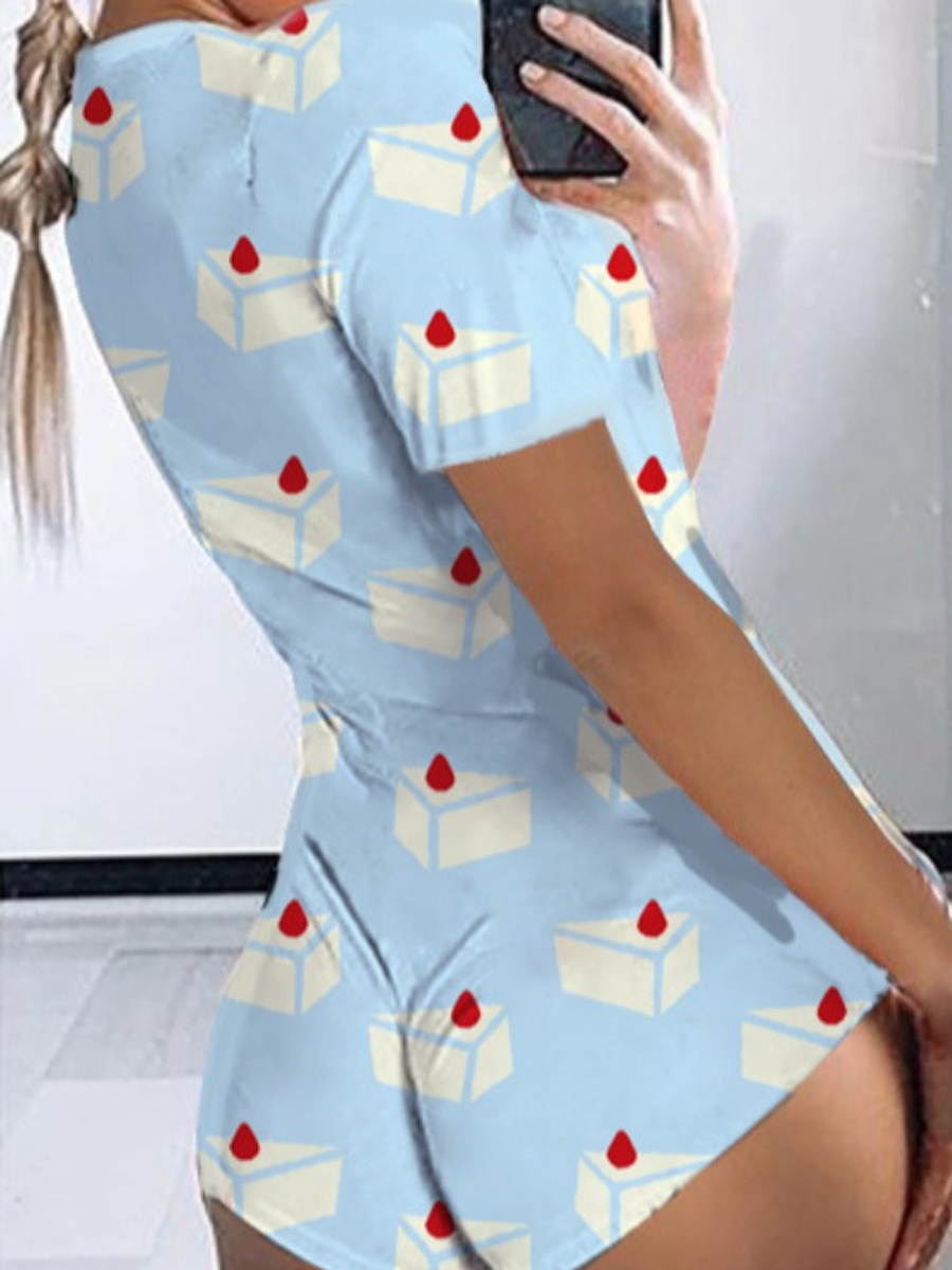 

lovely Casual Cartoon Print Baby Blue One-piece Romper