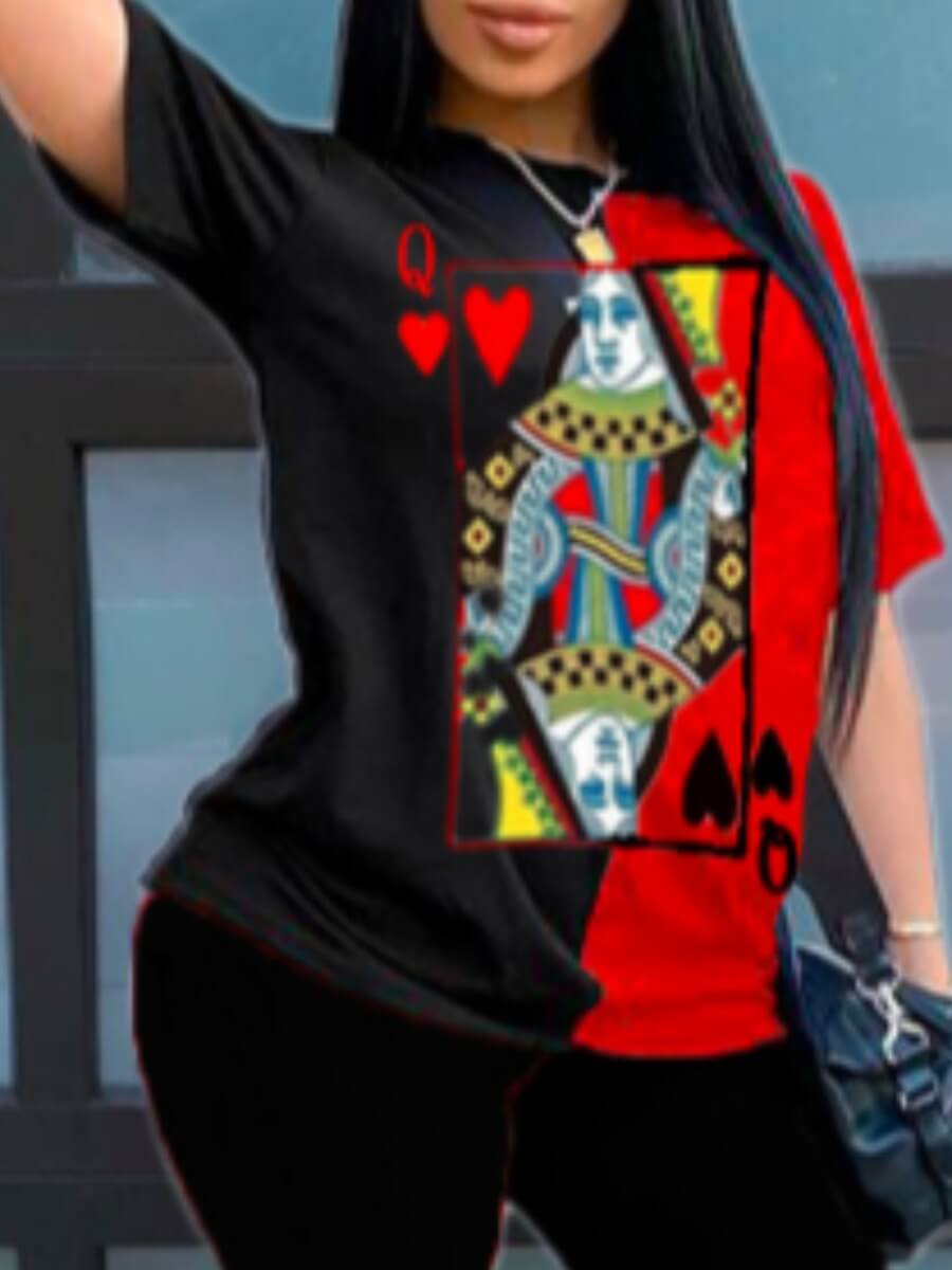 LovelyWholesale Casual O Neck Print Red T-shirt Summer Short Sleeve Casual Patchwork Round Neck Spring Summer 2024