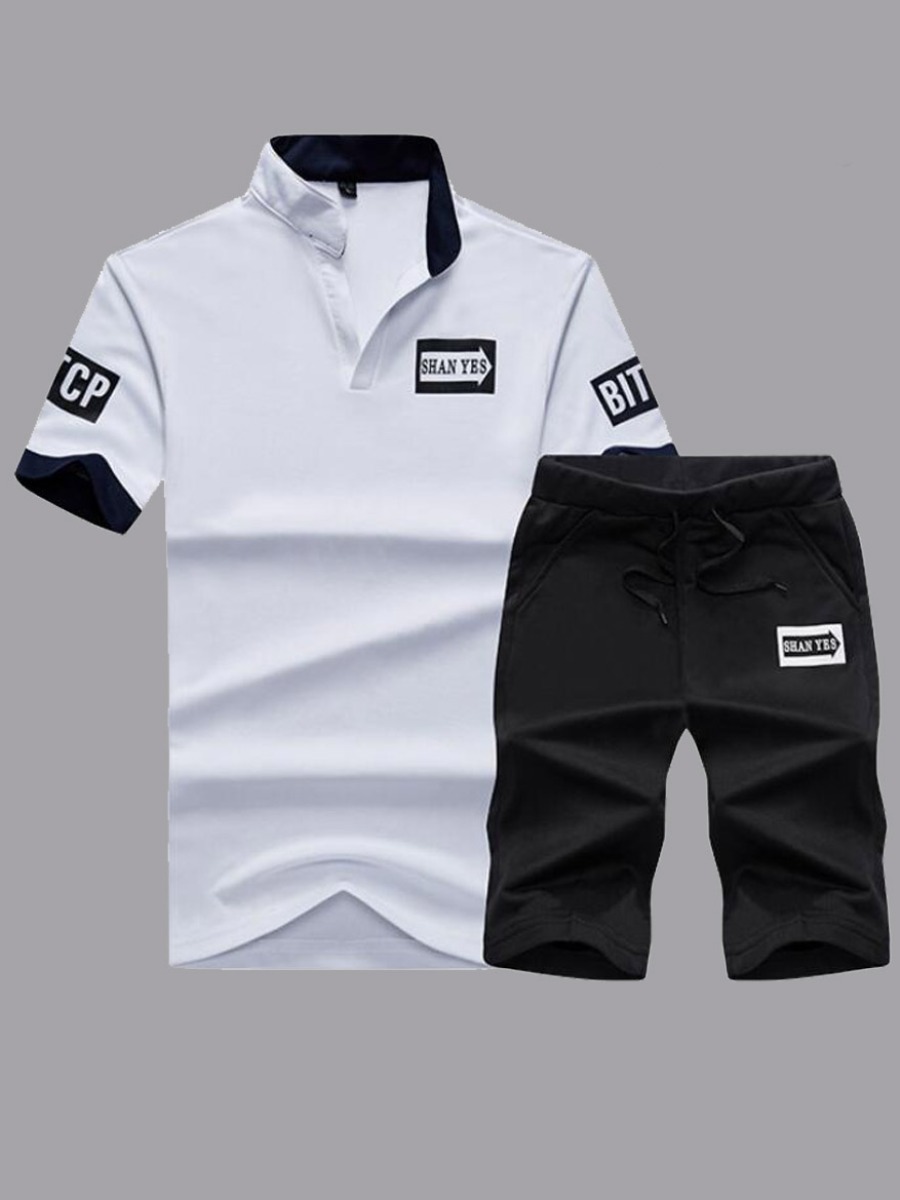 

Men lovely Casual Letter Patchwork White Two-piece Shorts Set