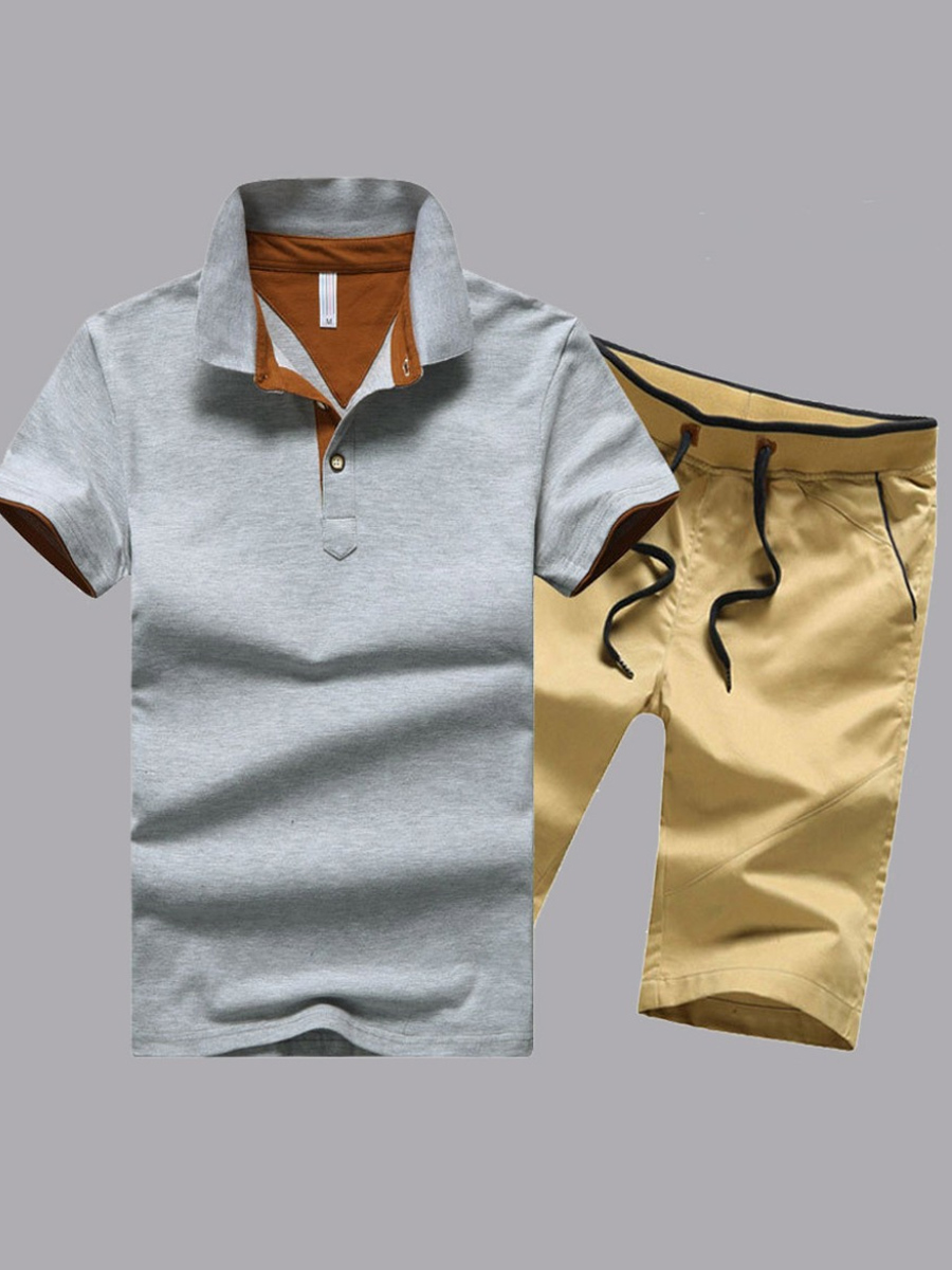 

Men lovely Sportswear Buttons Design Drawstring Grey Two-piece Shorts Set