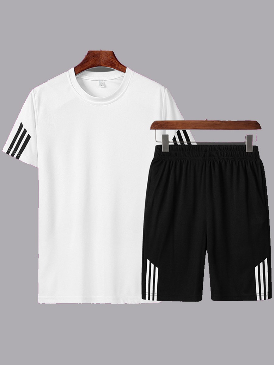 

Men lovely Sportswear O Neck Striped White Two-piece Shorts Set