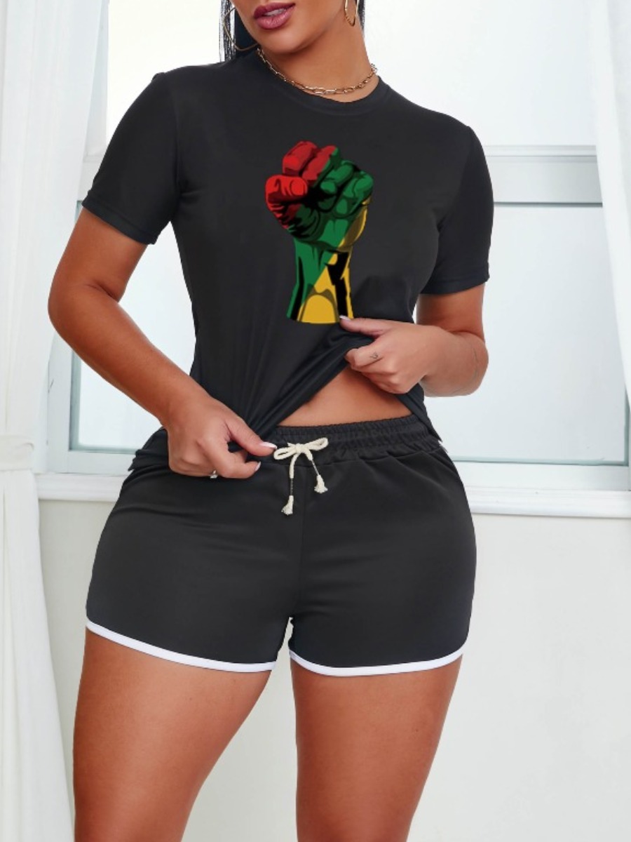 

lovely Casual O Neck Print Black Two Piece Shorts Set