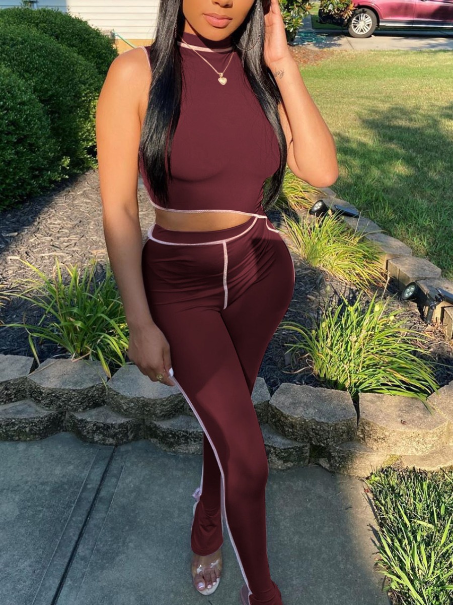 

lovely Sportswear Patchwork Wine Red Two Piece Pants Set
