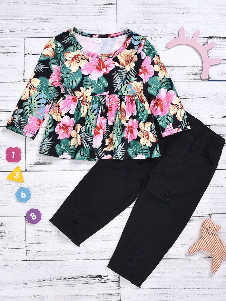 

lovely Trendy O Neck Plants Print Black Girl Two-piece Pants Set