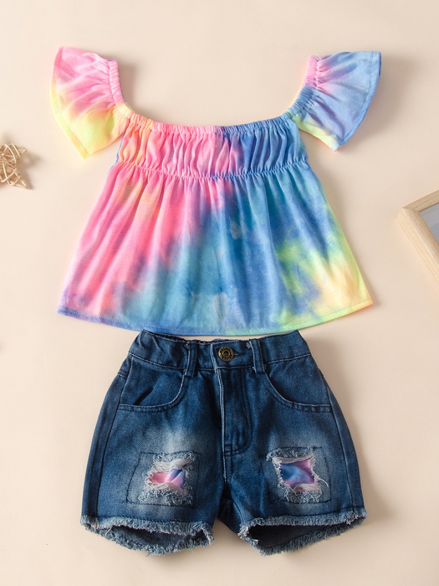 

lovely Sweet O Neck Tie-dye Multicolor Girl Two-piece Shorts Set, Multi