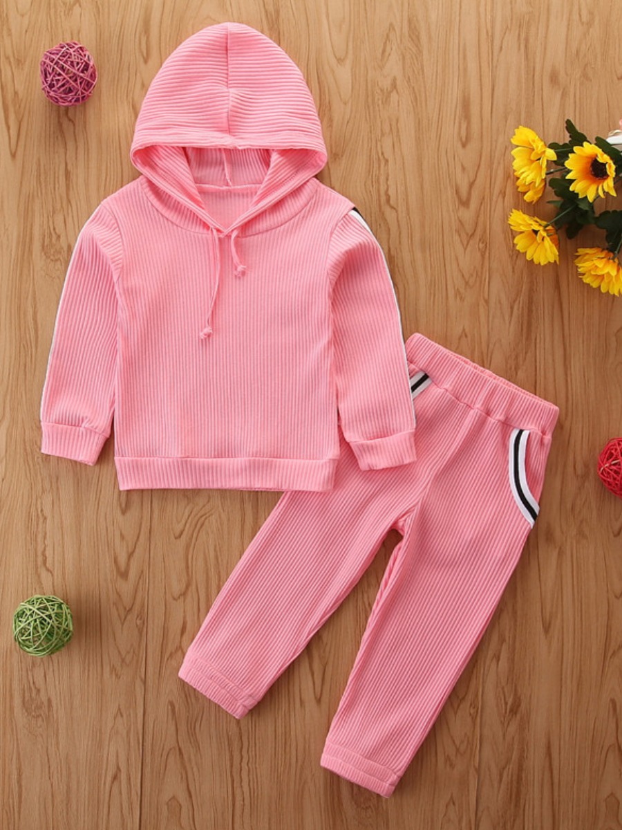 

lovely Sportswear Hooded Collar Patchwork Pink Girl Two-piece Pants Set