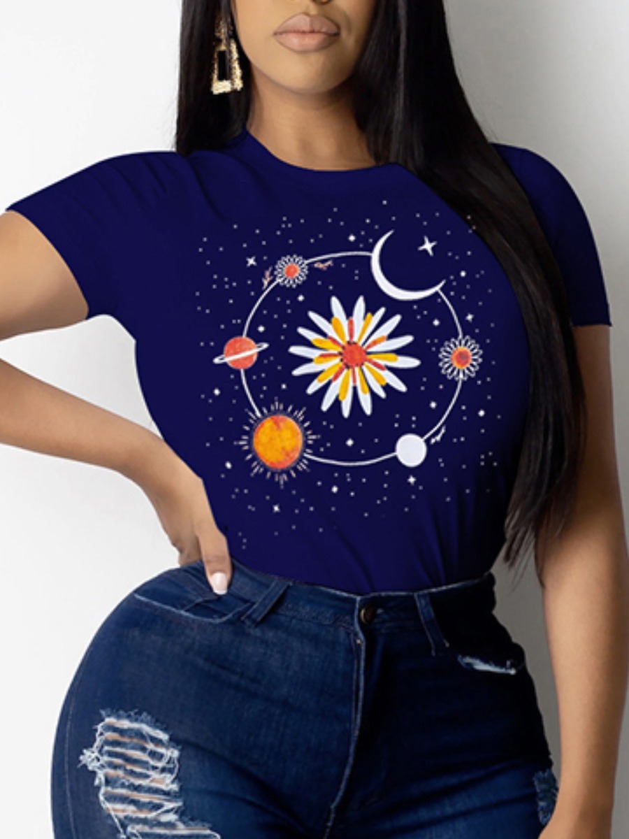 

lovely Street O Neck Print Blue Plus Size T-shirt