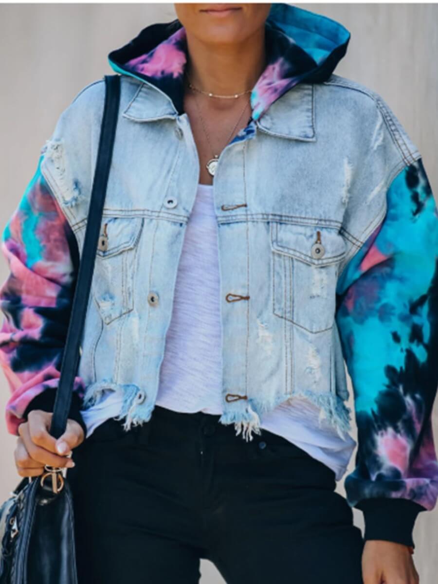 

LW Street Hooded Collar Tie-dye Patchwork Blue Denim Jacket