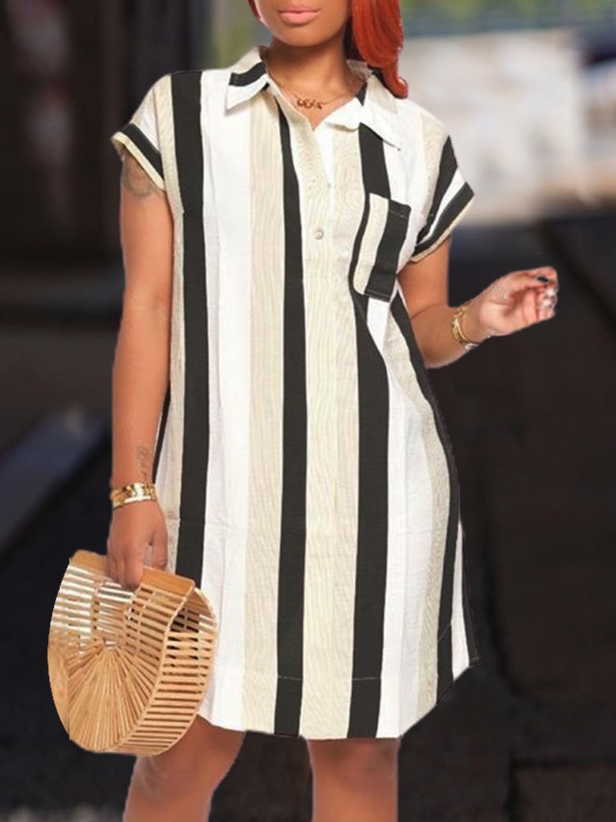 

Lovely Casual Turndown Collar Striped Black Knee Length Dress
