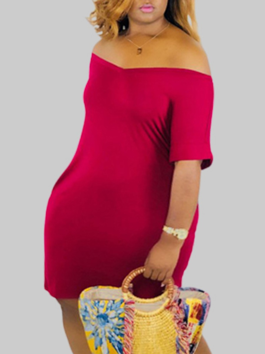 

Lovely Casual V Neck Basic Skinny Red Knee Length Plus Size Dress
