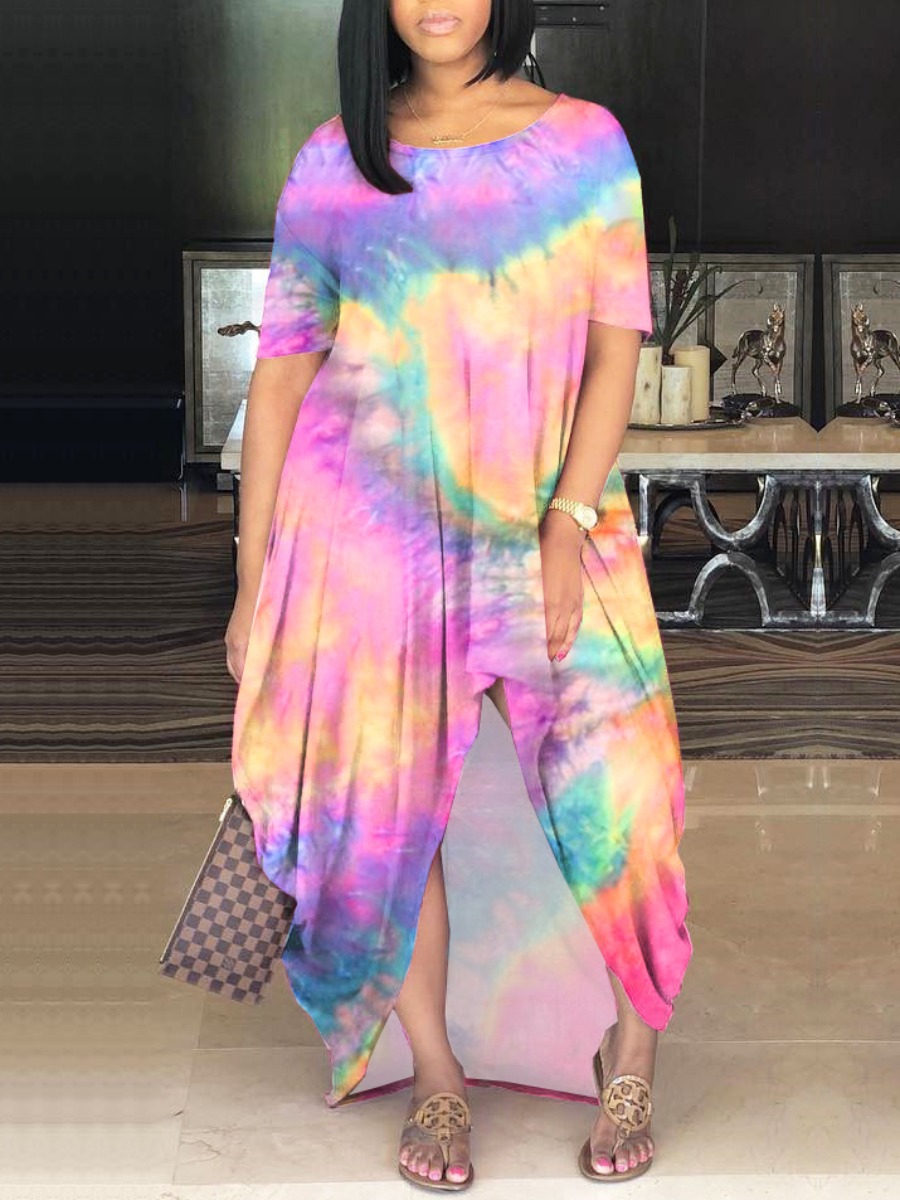 

Lovely Casual O Neck Tie-dye Orange Maxi Plus Size Dress